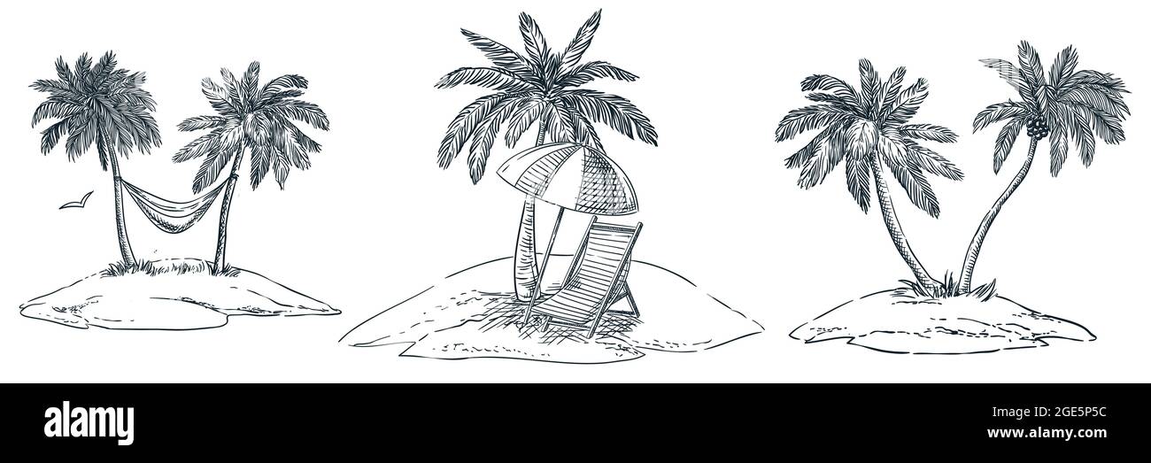 Isole tropicali con palme, amaca, ombrellone e chaise longue. Illustrazione orizzontale dello schizzo disegnato a mano dal vettore. Estate spiaggia vacanza design el Illustrazione Vettoriale