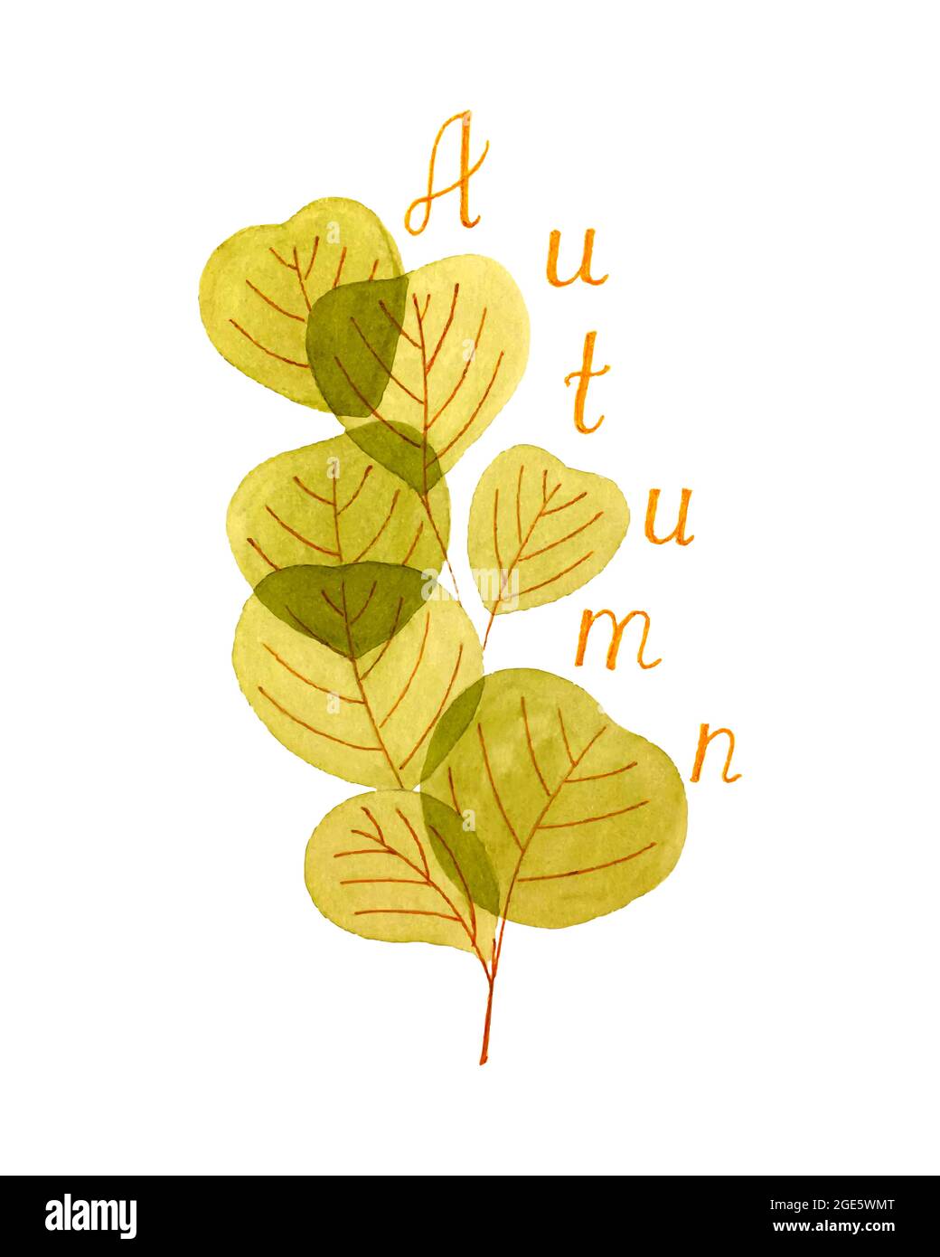 Ramificazione acquerello autunno con foglie, iscrizione AUTUNNO, disegno a mano, vettore, su sfondo bianco. Per striscioni, cartoline, sfondo, sfondo. Illustrazione vettoriale Illustrazione Vettoriale