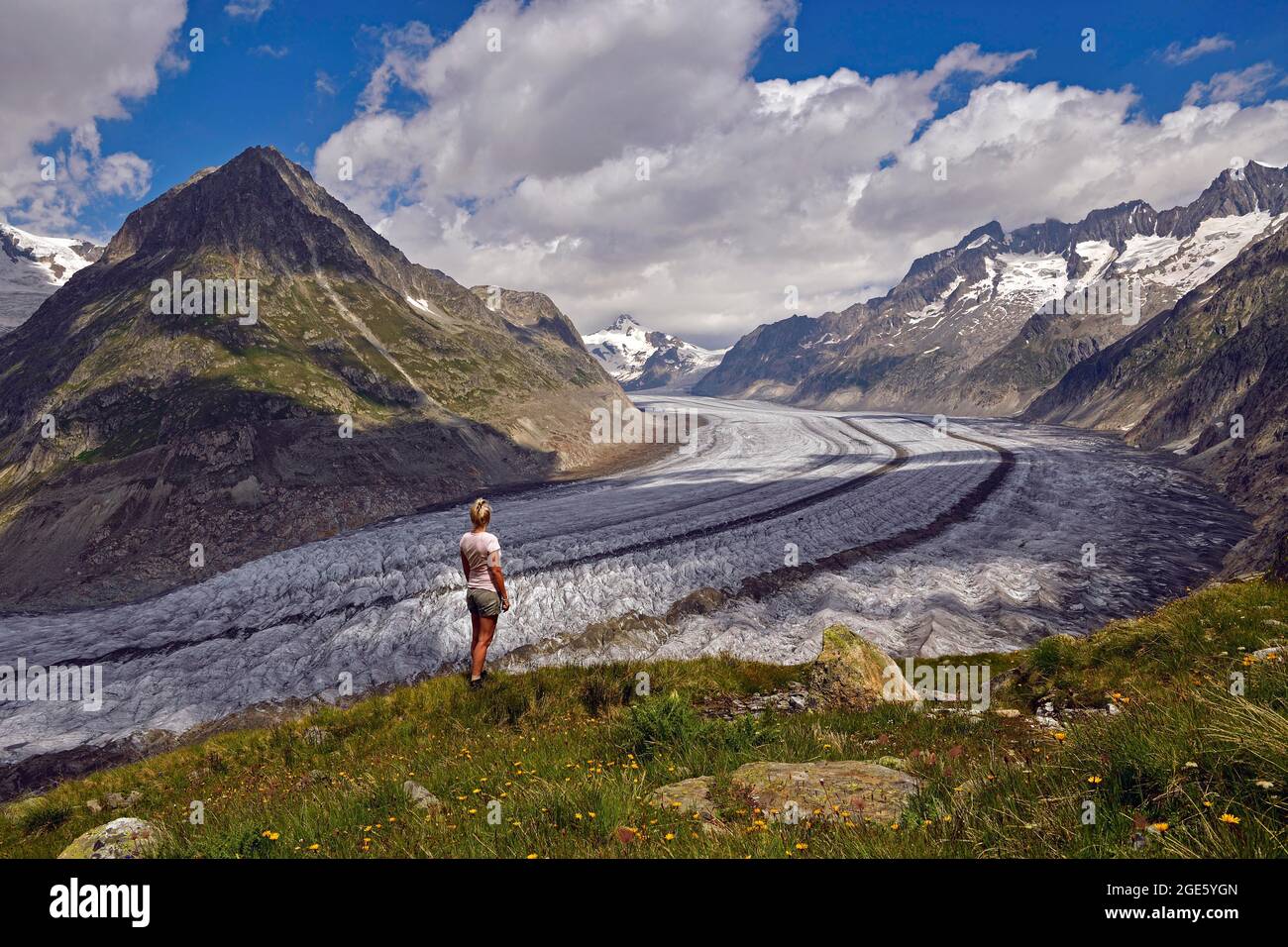 Escursioni lungo il Grande ghiacciaio Aletsch, Vallese, Svizzera, Europa Foto Stock