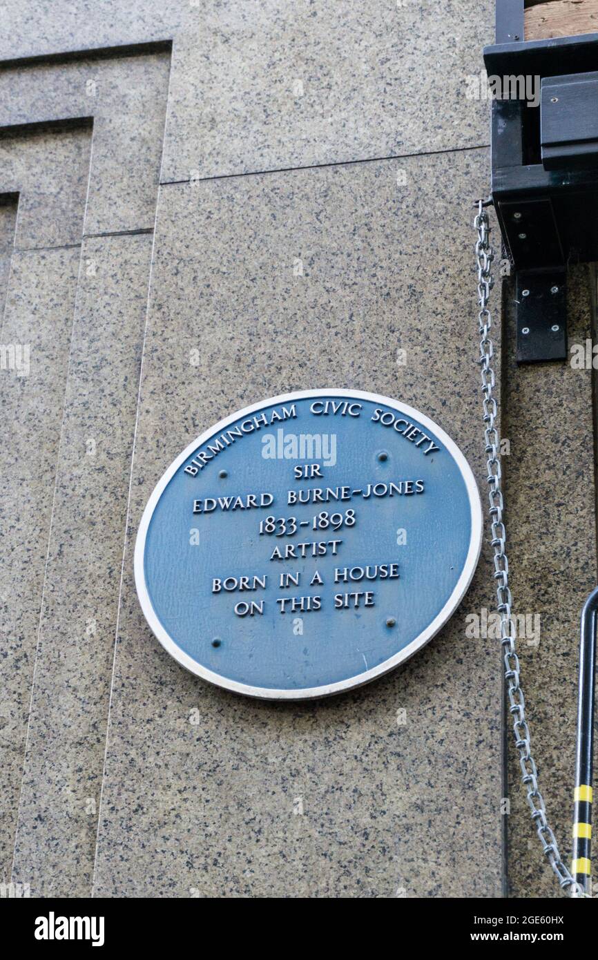 Birmingham Civic Society Blue Plaque to pre-raphaelite artis Sir Edward Burne-Jones 1833-1898 nato qui. Foto Stock