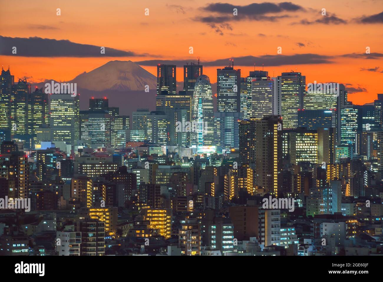 Vista dall'alto dello skyline di Tokyo (area di Shinjuku) e del Monte Fuji con splendidi tramonti in Giappone. Foto Stock