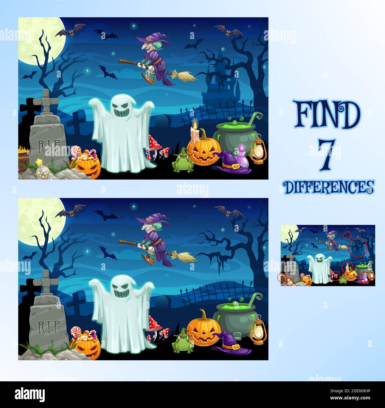 Trova differenza, Halloween cartoon game o spot puzzle, vettore. Bambini scuola o preschool trovare sfondo di gioco differenza con Halloween zucca moste Illustrazione Vettoriale