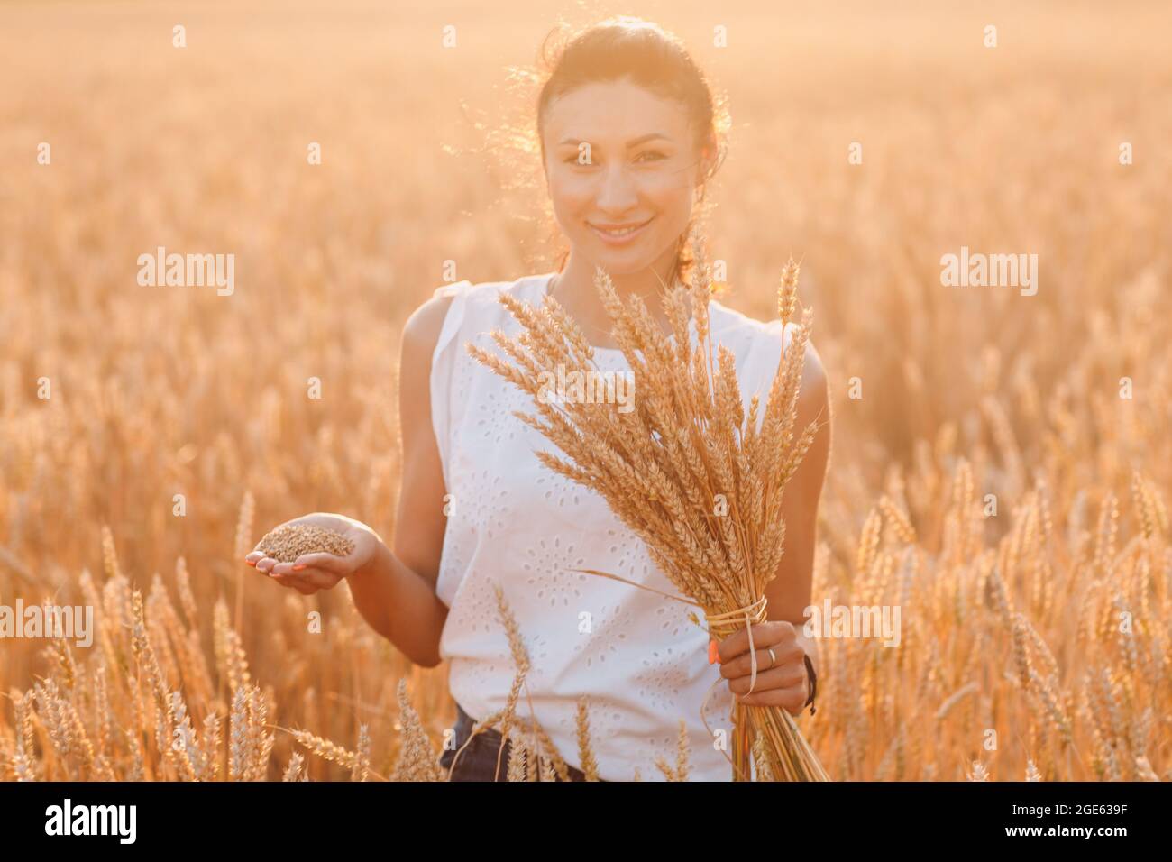 Donna che tiene covone di spighe di grano a campo agricolo. Foto Stock