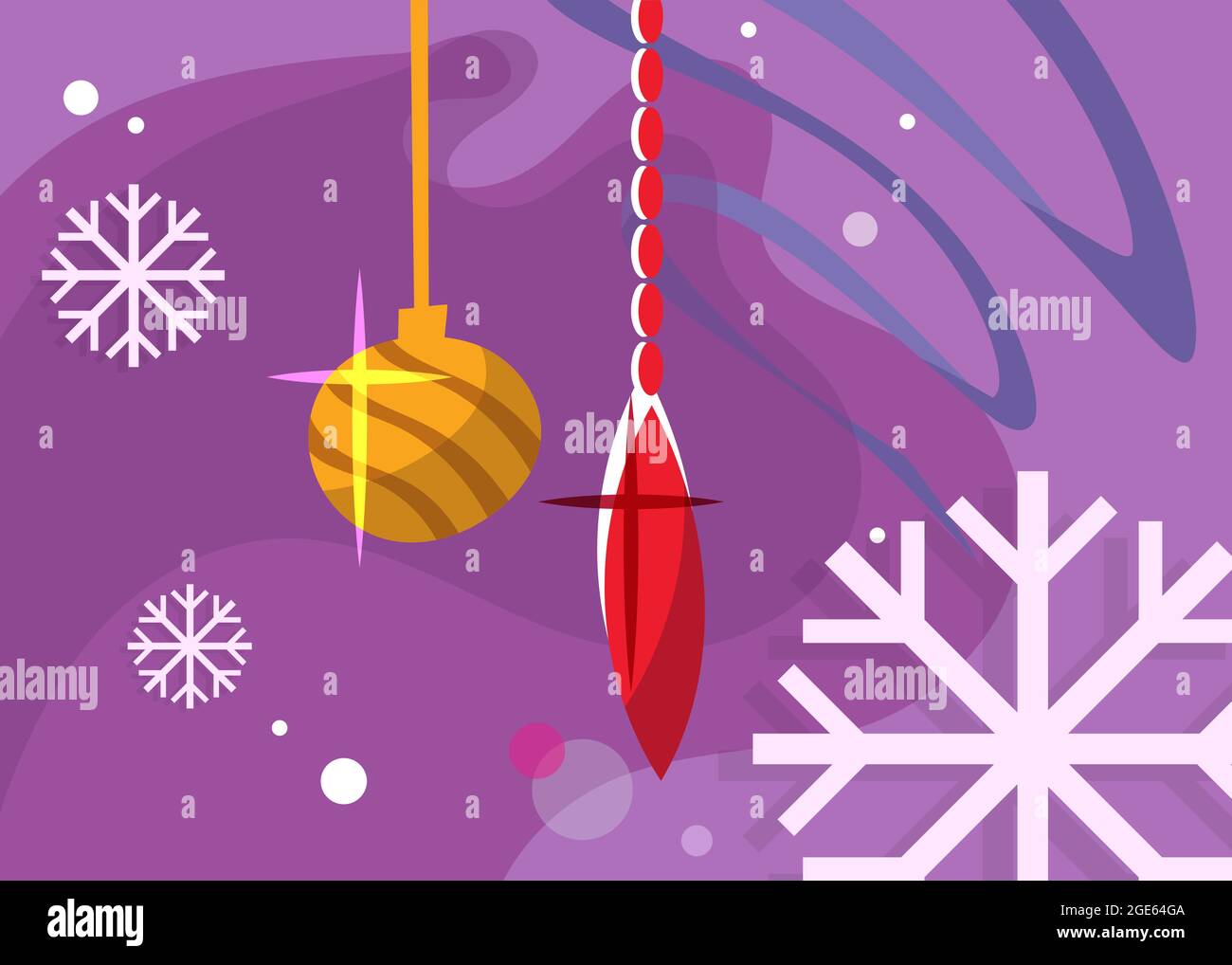 Striscione con giocattoli dell'albero di natale. Cartolina di vacanza design in stile cartone animato. Illustrazione Vettoriale