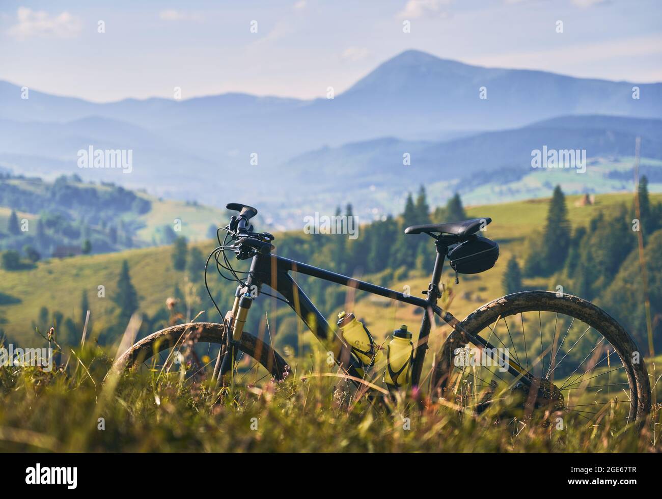 Foto pittoresca della bicicletta in montagna. Bellissimo paesaggio naturale: Cima di montagna, verdi colline, sempreverdi spruces, prato con fiori selvatici in estate. Foto Stock