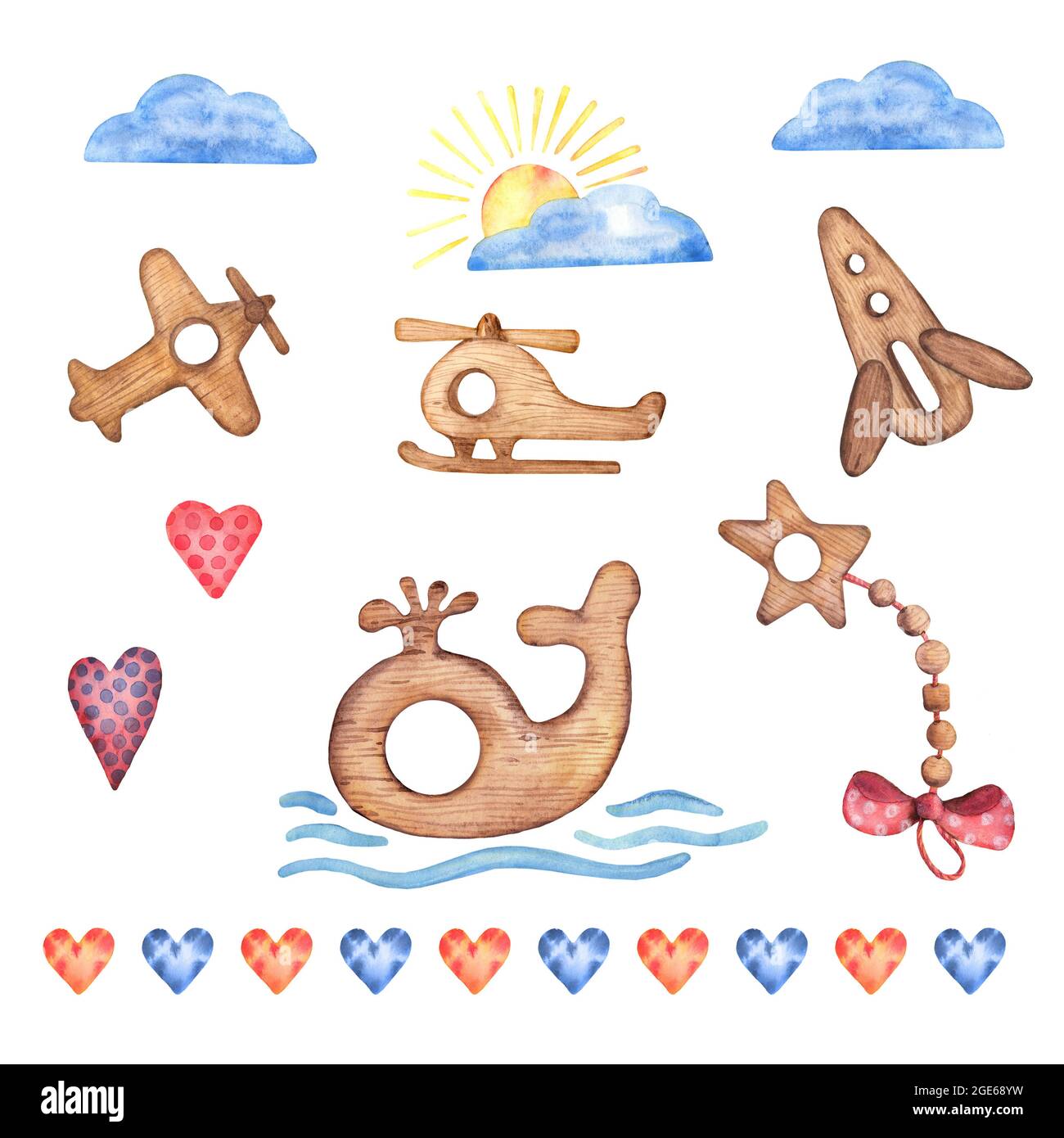 Giocattoli di legno acquerello per bambini clipart. Sole, luna, stella, cuore, uccello, gufo, balena, pulcino,. Arredamento d'arte disegnato a mano per vivaio. Bambino ragazzo ragazza. Illustrazioni Foto Stock