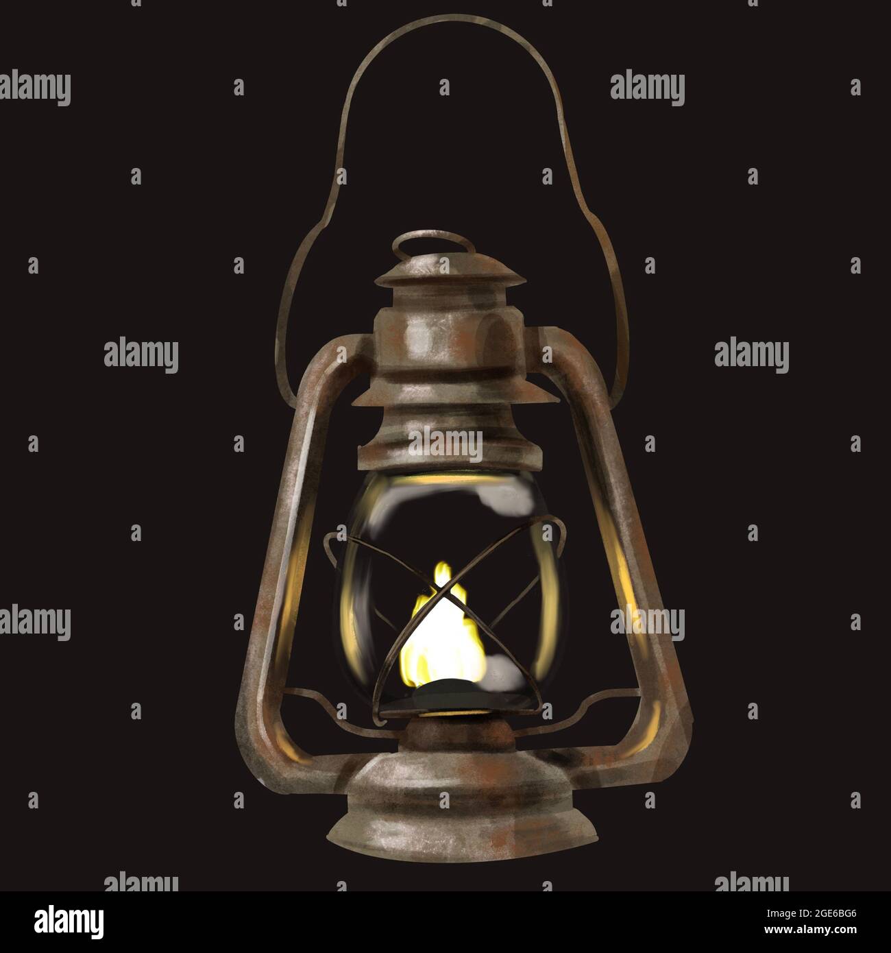 Vecchia lampada al kerosene dipinta in acquerello su sfondo nero Foto Stock