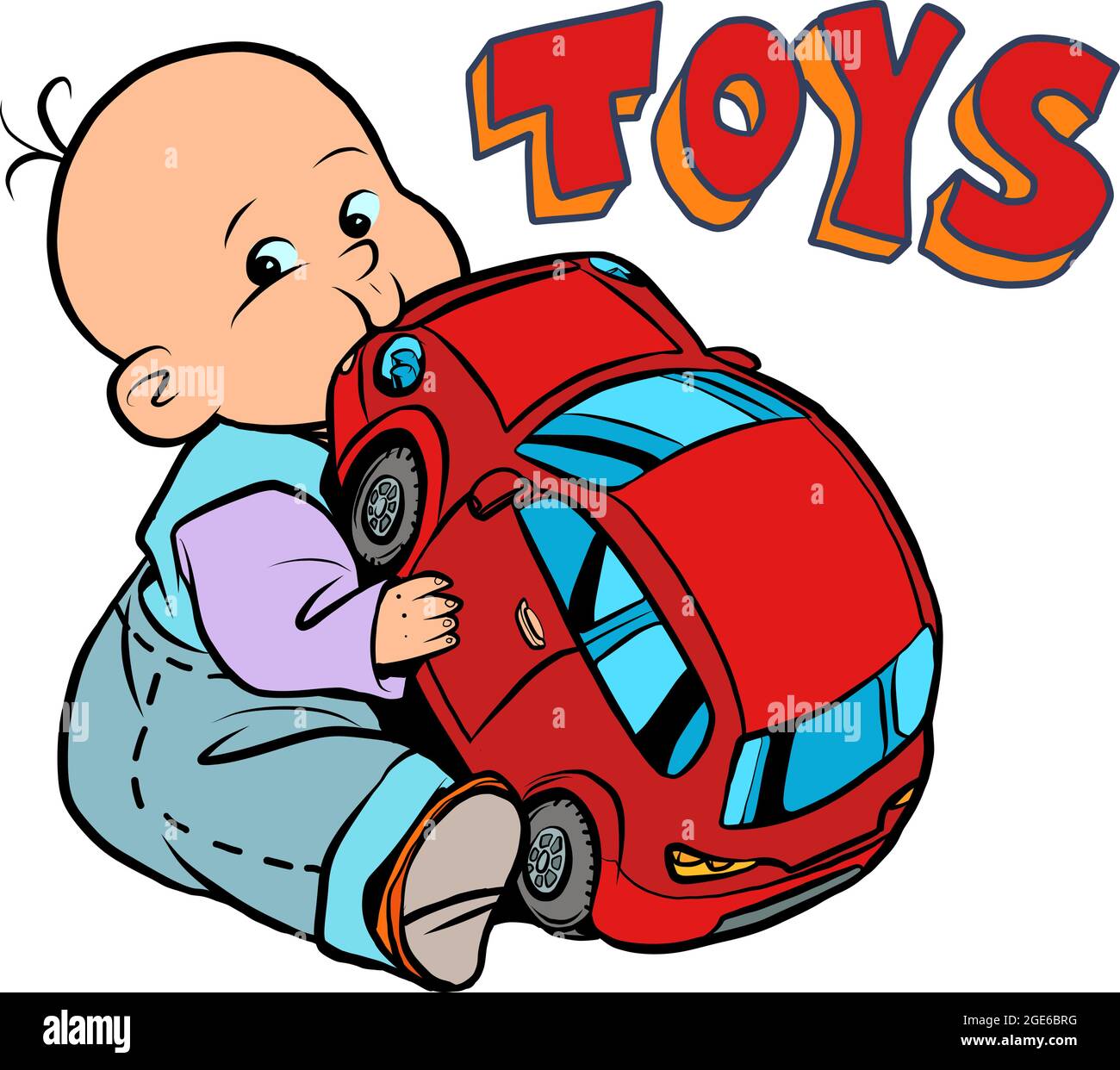 piccolo bambino preferito carino bambino masticare su una macchina giocattolo Illustrazione Vettoriale