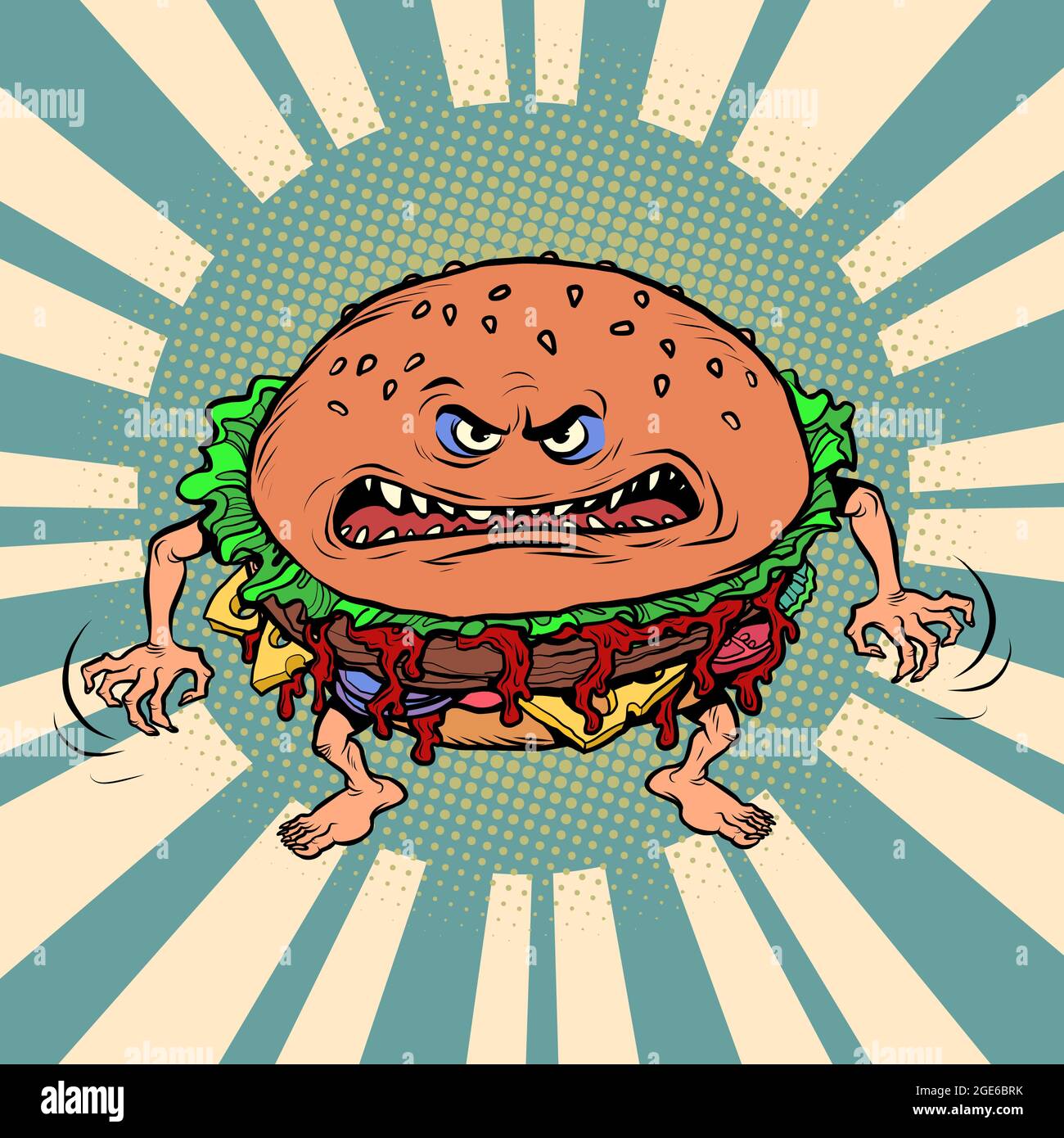 Arrabbiato affamato personaggio hamburger. Fast food emotivo Illustrazione Vettoriale