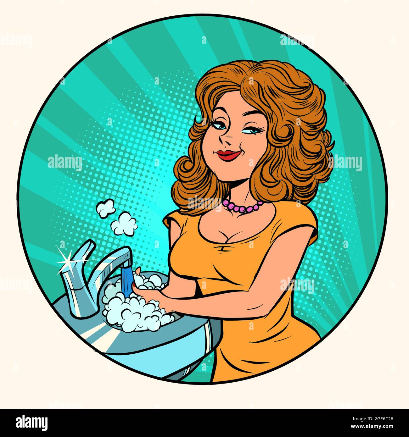 bella giovane donna lava piatti, lavoro in cucina Illustrazione Vettoriale