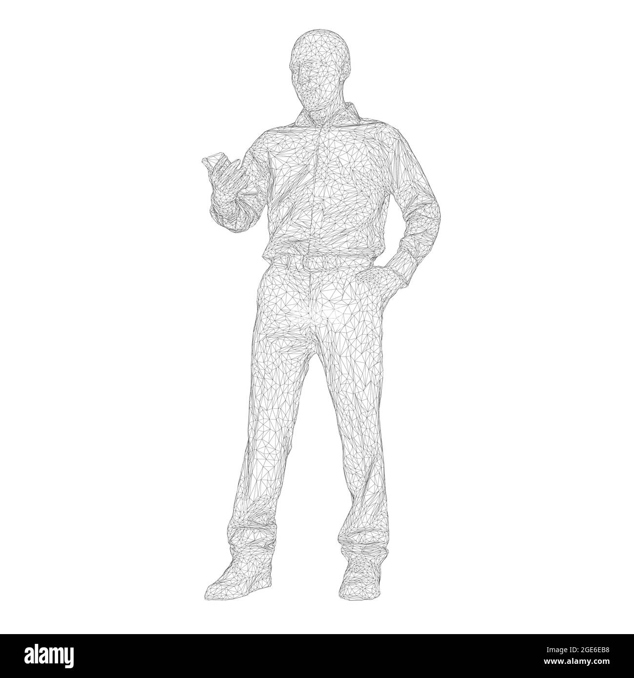 Struttura a reticolo di un uomo che guarda il suo telefono in mano da linee nere isolate su sfondo bianco. 3D. Illustrazione vettoriale. Illustrazione Vettoriale