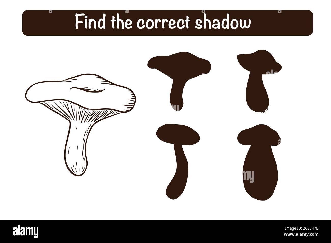 Trova il gioco educativo Russula Silhouette corretto per i bambini. Attività di abbinamento ombra per bambini con funghi commestibili. Puzzle prescolare. Foglio di lavoro didattico Illustrazione Vettoriale