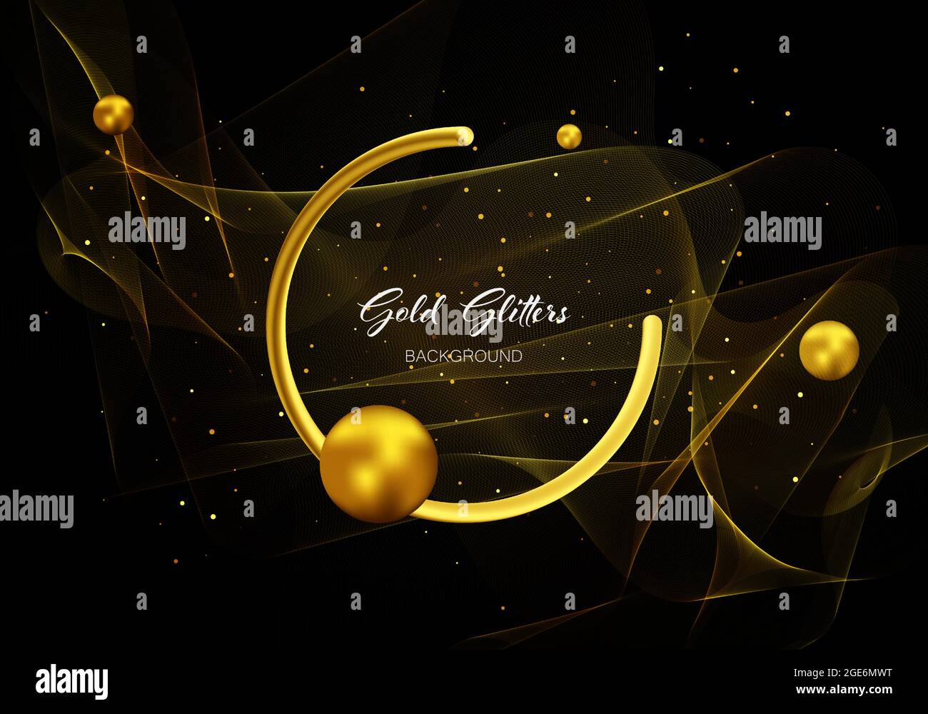 Sequine sfavillanti astratte per voucher, inviti, articoli promozionali e siti web.elemento di design ondulato trasparente in oro con effetto glitter dorato. Illustrazione Vettoriale