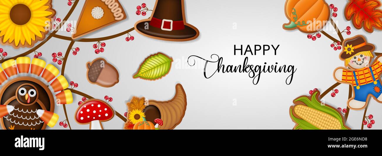 Buon banner di ringraziamento con biscotti al pan di zenzero Illustrazione Vettoriale