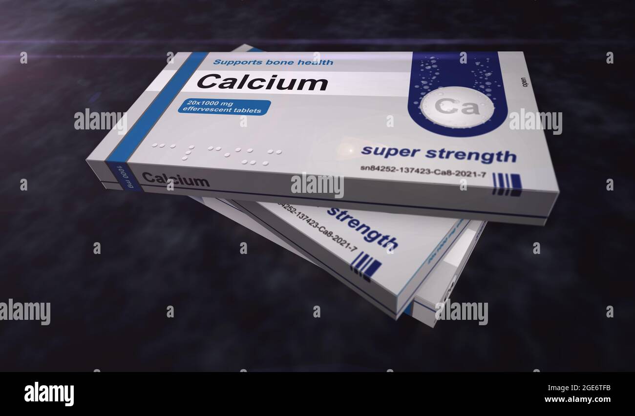 Produzione di scatole di compresse di calcio. Pacchetto di pillole di supplemento di dieta per la salute delle ossa. Illustrazione del rendering 3d del concetto astratto. Foto Stock