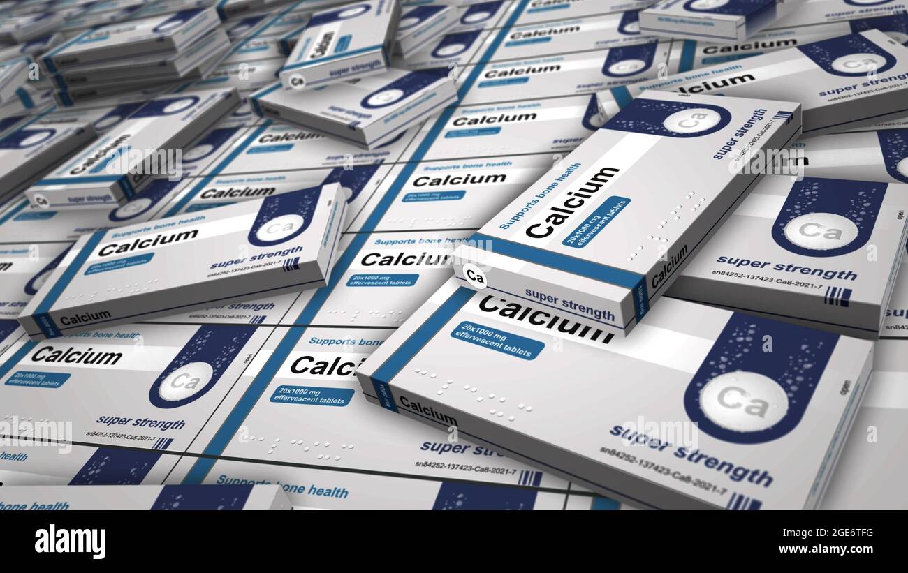 Produzione di scatole di compresse di calcio. Pacchetto di pillole di supplemento di dieta per la salute delle ossa. Illustrazione del rendering 3d del concetto astratto. Foto Stock