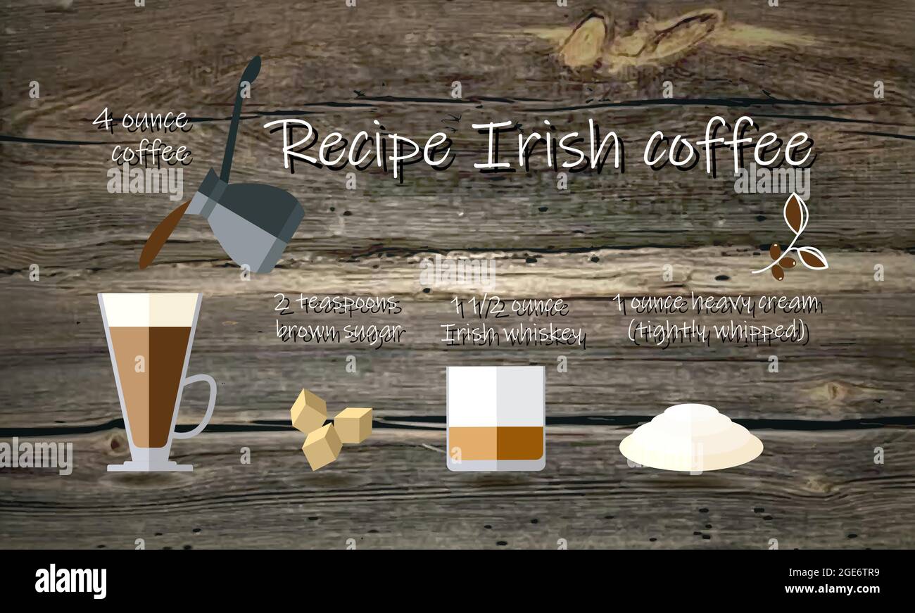 Irish Coffee Recipe, ingredienti whiskey zucchero crema di caffè, legno tavole sfondo, fondo tracciante. Illustrazione vettoriale Illustrazione Vettoriale