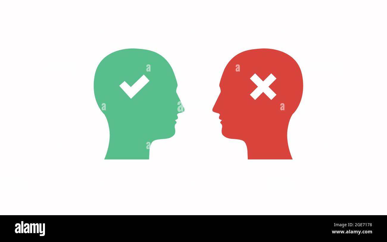 Insieme di icone Tick & Cross Human Heads. Immagine modificabile piatta e isolata dal vettore del concetto di mente destra e sbagliata Illustrazione Vettoriale