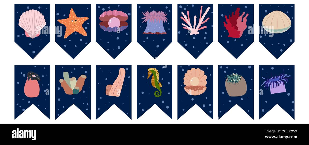 Bandiere garland per festa di compleanno con animali di mare su sfondo colorato blu scuro. Tesori marini, conchiglia con perla, anemoni stella e cavalluccio marino. Illustrazione di capretto disegnata a mano. Set di progettazione per il bunting vettoriale. Illustrazione Vettoriale
