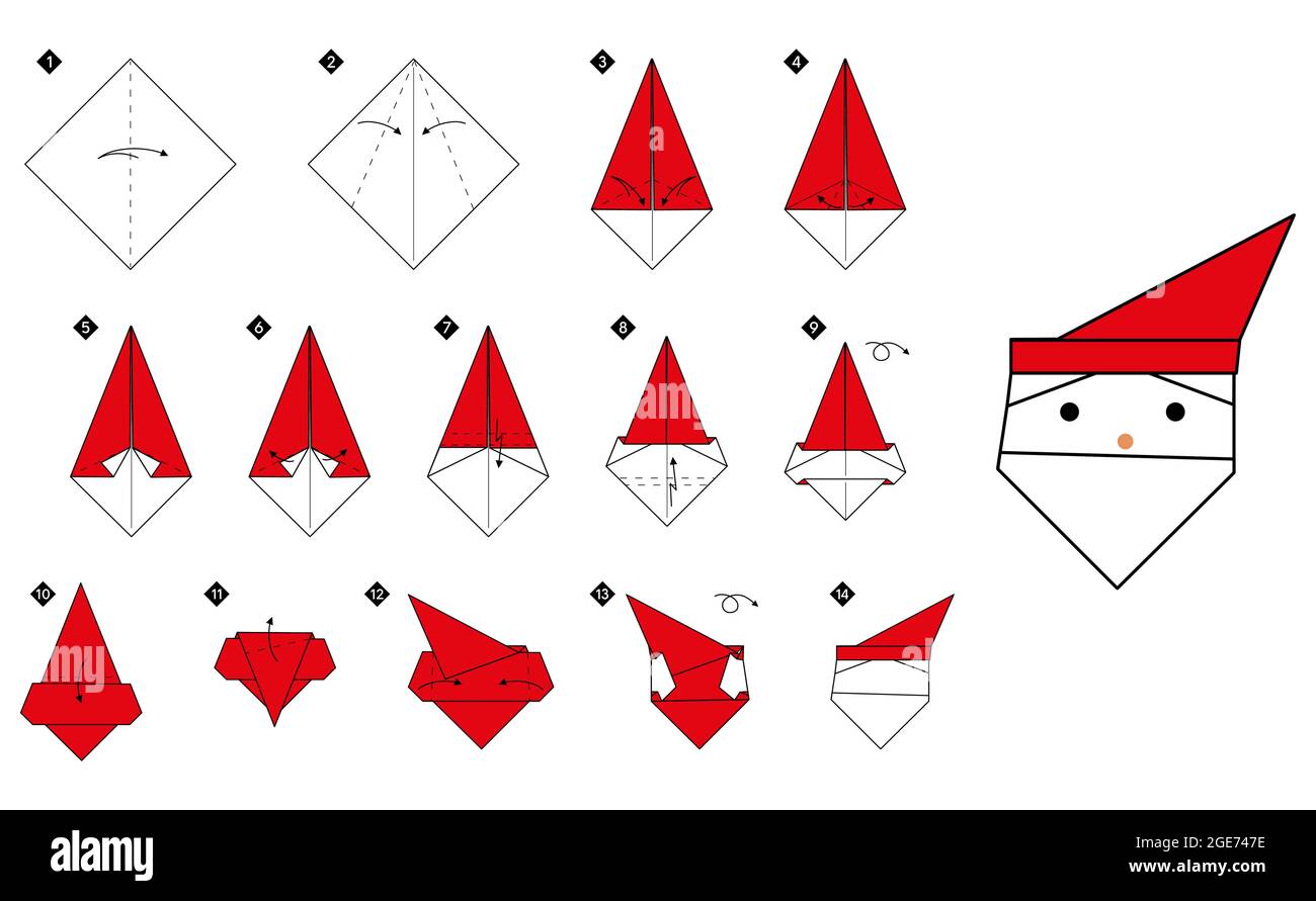 Come fare semplice origami babbo natale testa. Istruzioni dettagliate per il DIY del colore. Illustrazione vettoriale del contorno. Illustrazione Vettoriale