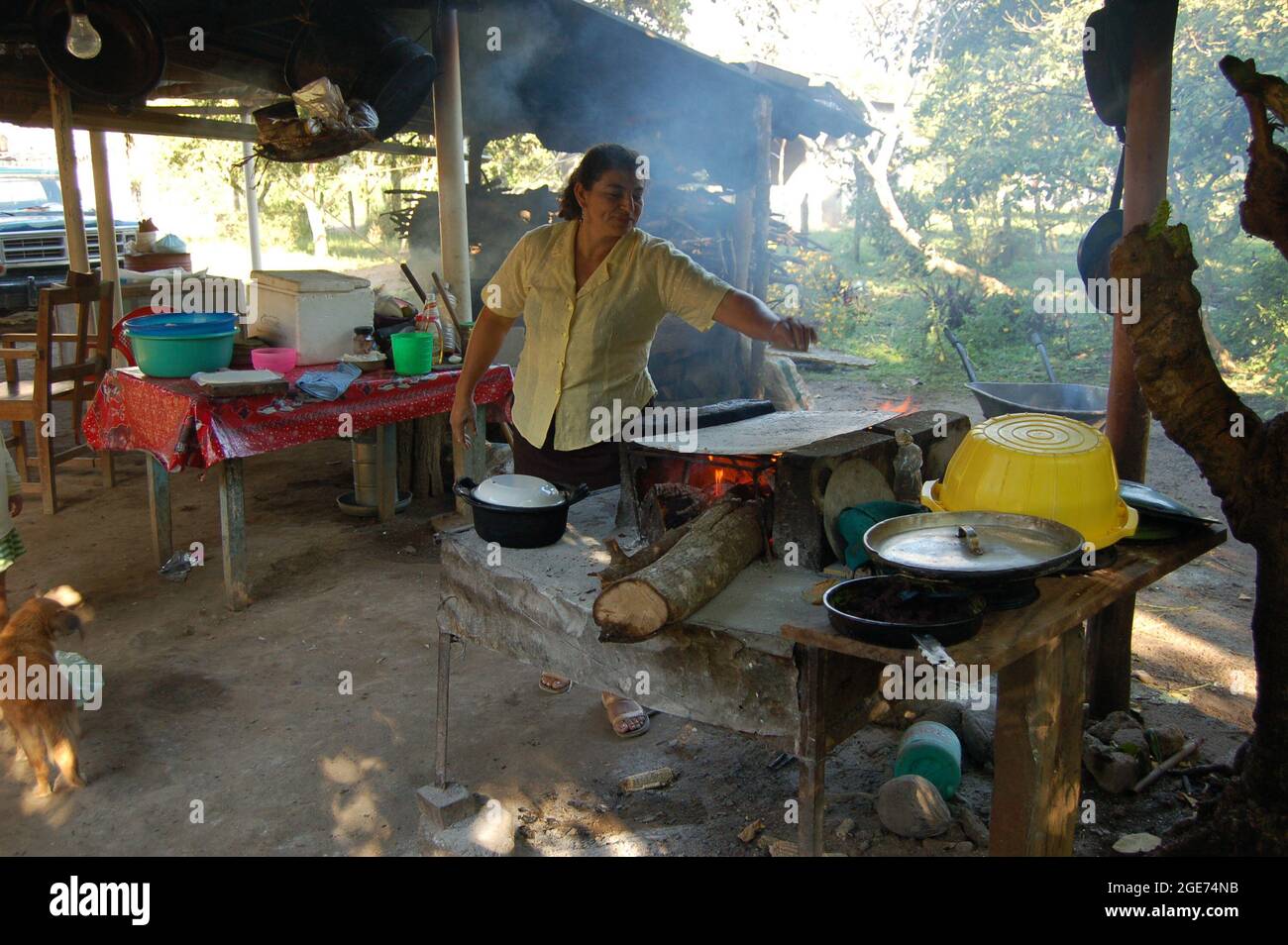 Una donna che cucina tortilla su un comale, un modo tradizionale di preparare il cibo. Foto Stock