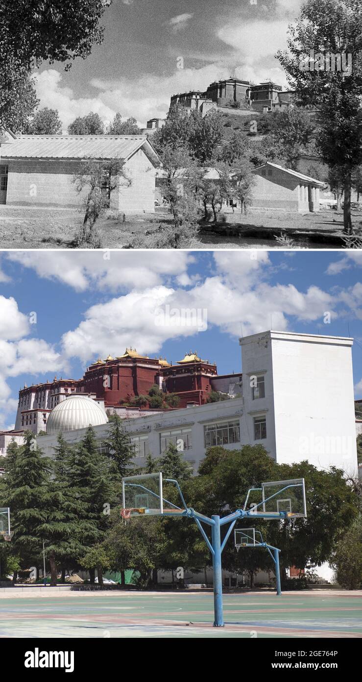 Lhasa. 17 agosto 2021. La foto combinata mostra una vista della scuola media di Lhasa a Lhasa, regione Autonoma del Tibet della Cina sudoccidentale negli anni '50 (su, ripresa da Jing Jiadong) e il 9 agosto 2021 (fondo, preso da Sun Ruibo) rispettivamente. Il 23 maggio 1951 è stato firmato l'accordo del governo del popolo centrale e del governo locale del Tibet sulle misure per la liberazione pacifica del Tibet (accordo di 17 articoli), che annuncia ufficialmente la liberazione pacifica del Tibet. L'anno 2021 segna il 70° anniversario dell'evento storico. Credit: Xinhua/Alamy Live News Foto Stock