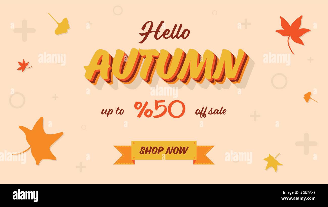 vendita autunno sfondo vettoriale, banner o poster. modello d'illustrazione retrò vintage con foglie arancioni e testo ciao autunno fino al 50% di sconto sulla vendita. Illustrazione Vettoriale