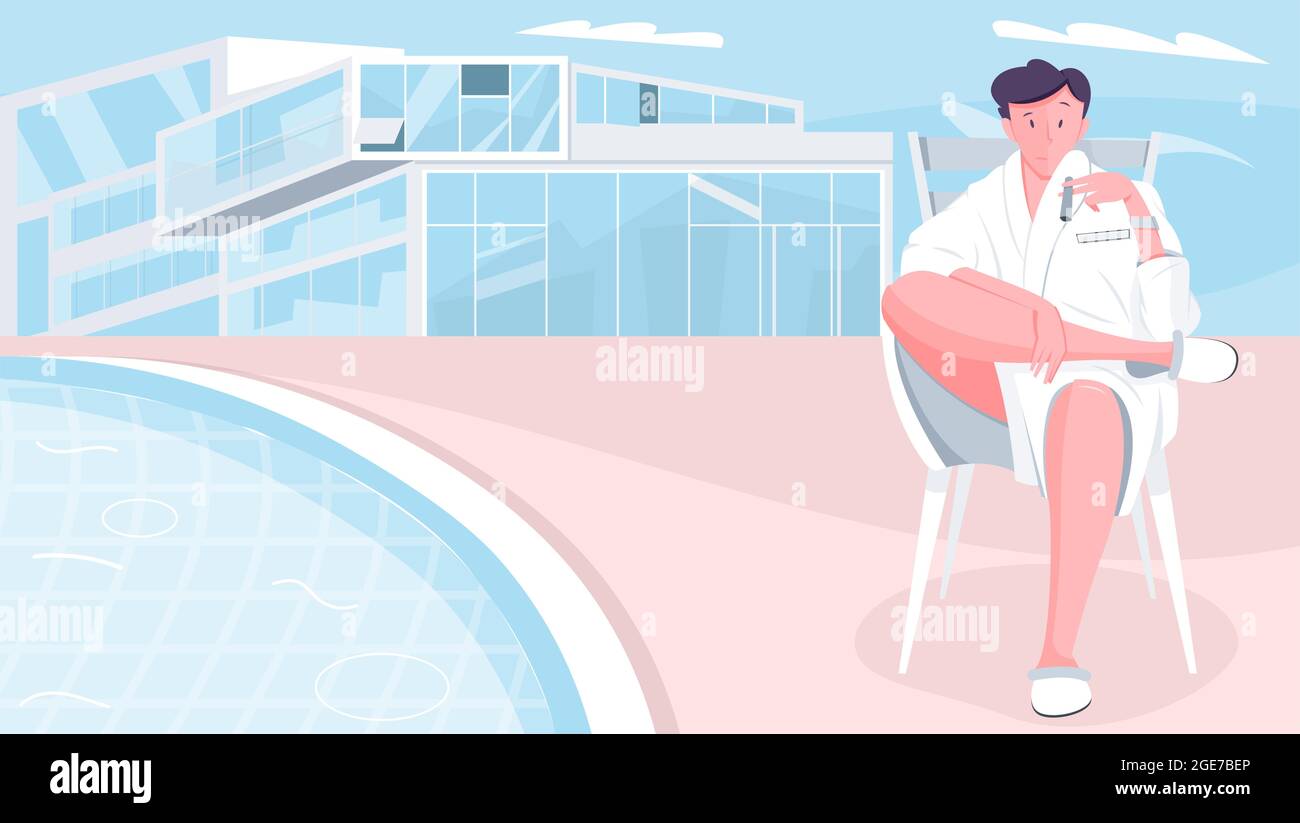 Composizione milionario casa con doodle piatto carattere di seduta uomo in abito da vestizione con moderno edificio vettoriale illustrazione Illustrazione Vettoriale