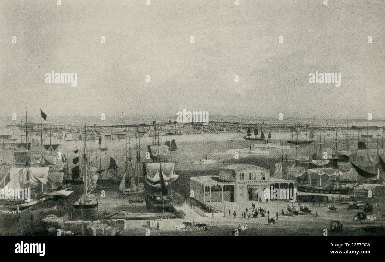 Una vista rara del traghetto di Wall Street nel 1855 con una rappresentazione molto attraente dei buoni vecchi giorni di navigazione in South Street Foto Stock