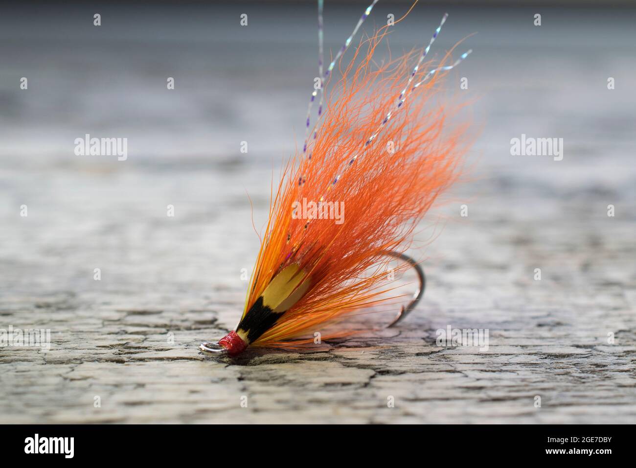 Pesca di salmone lucido volare con flash giallo su una superficie di legno Foto Stock