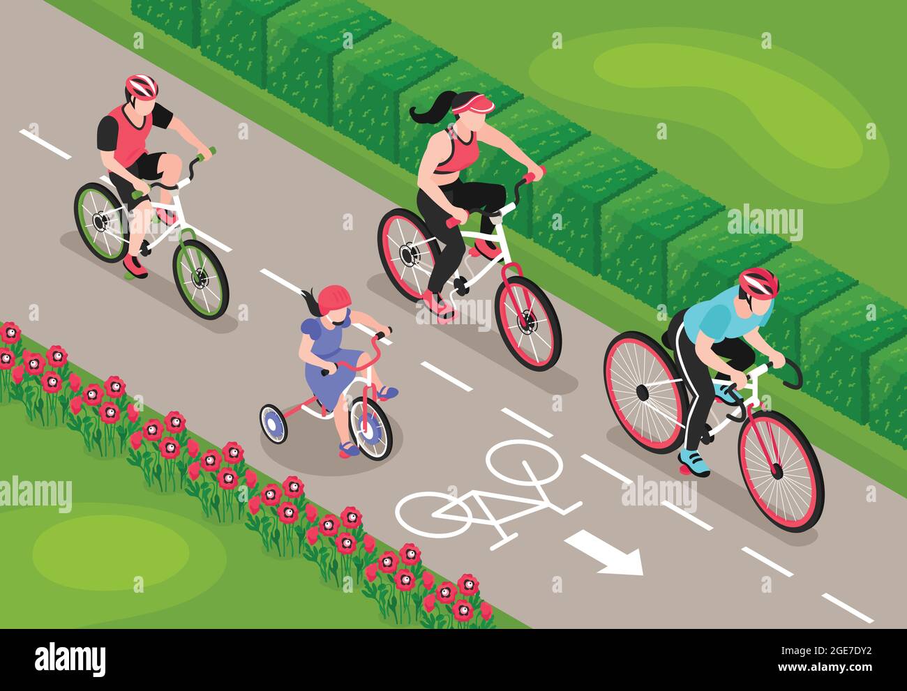 Composizione isometrica della bicicletta con vista esterna della pista ciclabile con personaggi dei membri della famiglia su illustrazione del vettore di marcia Illustrazione Vettoriale