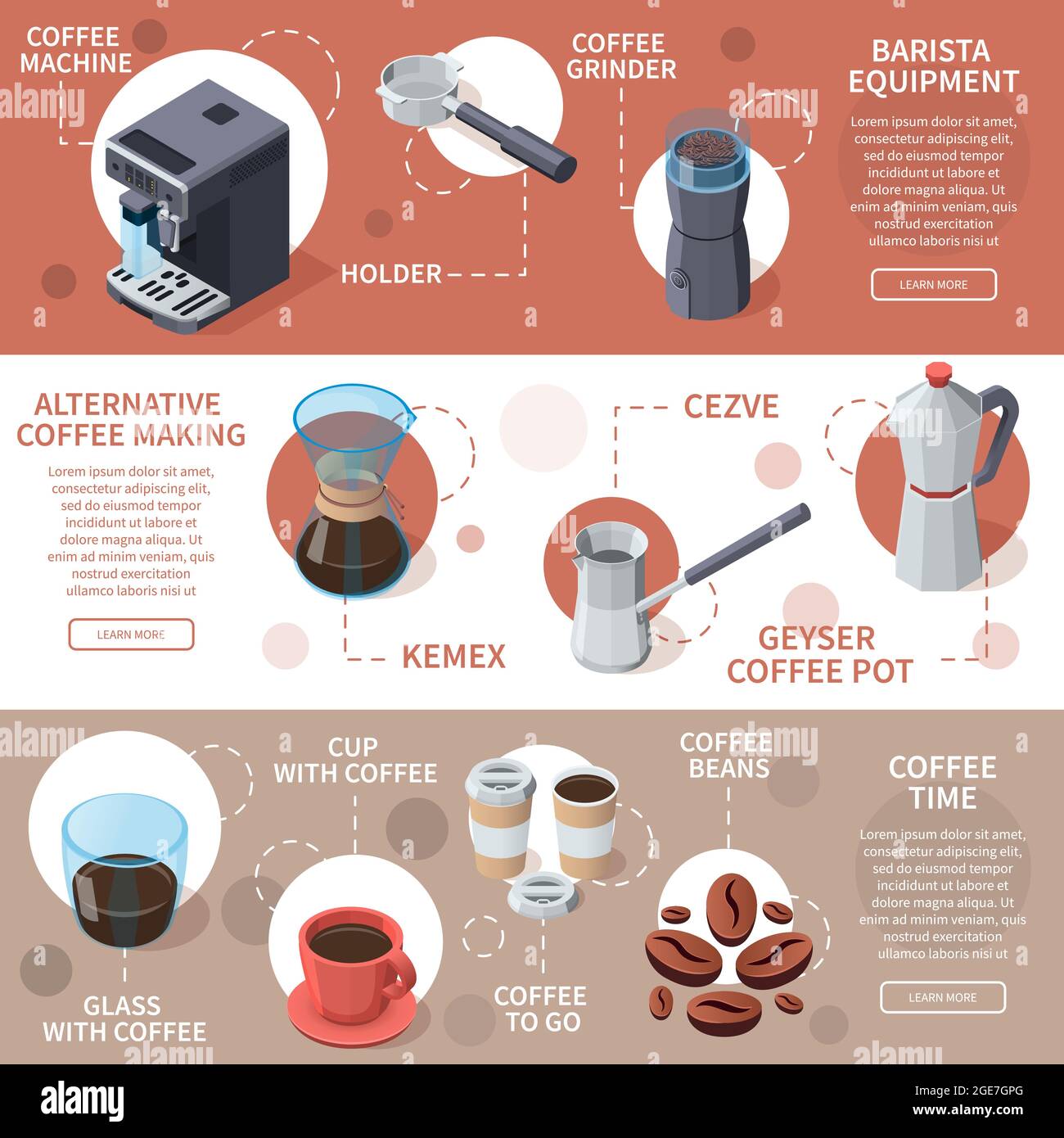 Attrezzature professionali per il caffè barista Banners isometrici con didascalie di testo modificabili e immagini isolate del caffè in vaso illustrazione vettoriale Illustrazione Vettoriale