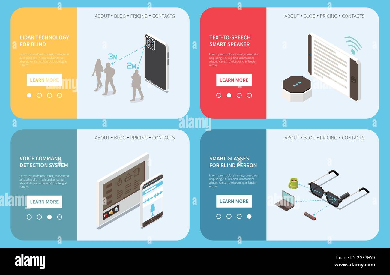 Tecnologia per persone disabili Set isometrico di quattro banner orizzontali con testo modificabile e pulsanti di pagina illustrazione vettoriale Illustrazione Vettoriale
