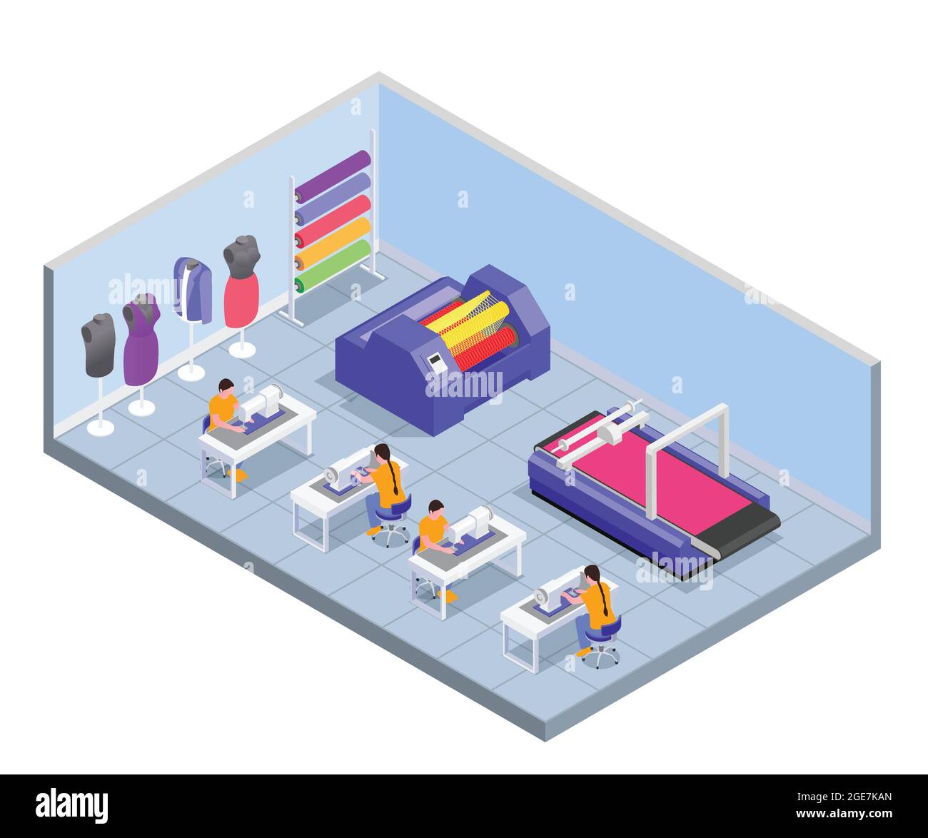 Filatura di impianti tessili composizione isometrica con vista dei luoghi di lavoro di tavoli con macchine da cucire e manichini illustrazione vettoriale Illustrazione Vettoriale