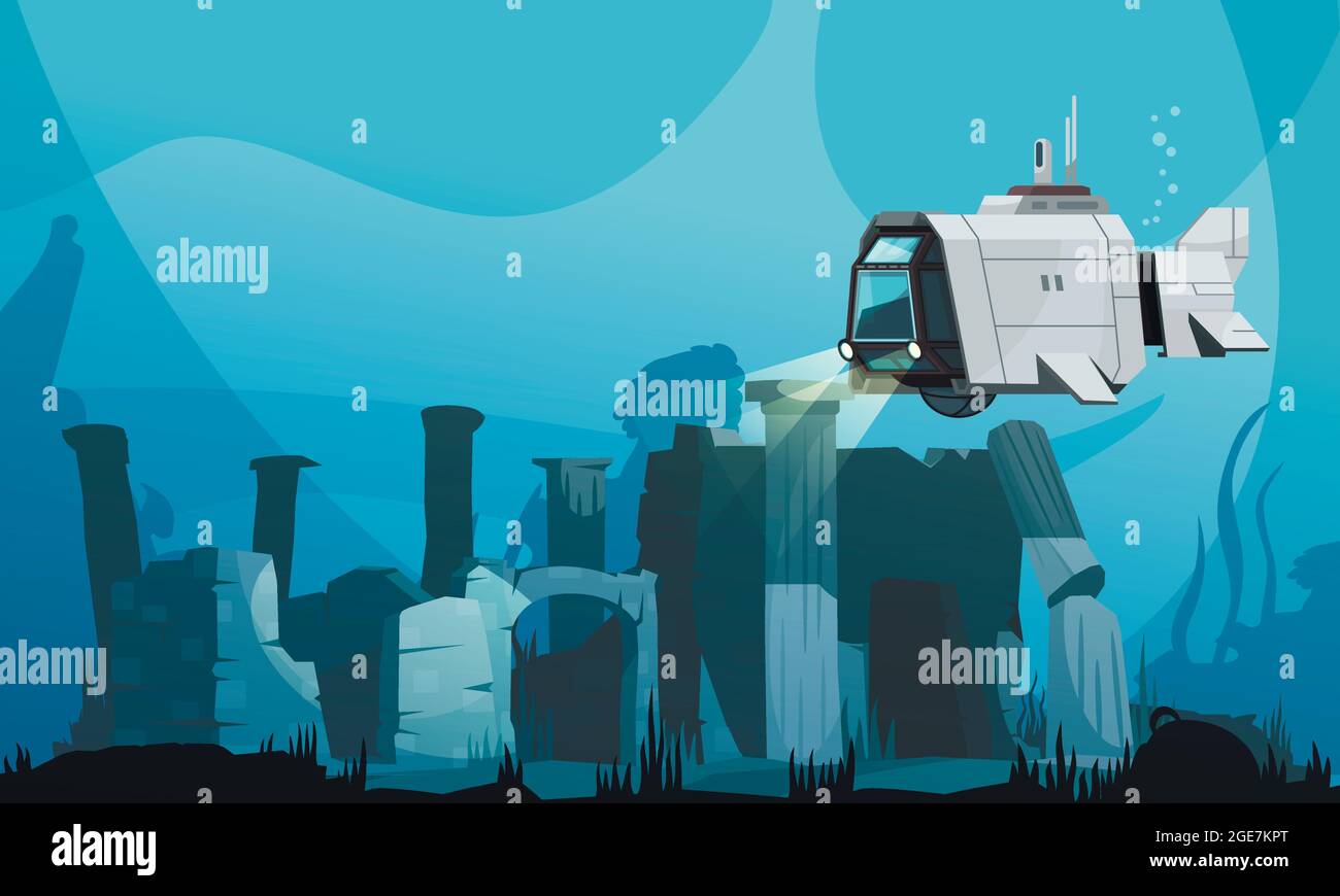 Ricerca di atlantis inondato sfondo colorato con sottomarino e antiche rovine sul fondo oceano cartoon illustrazione vettoriale Illustrazione Vettoriale