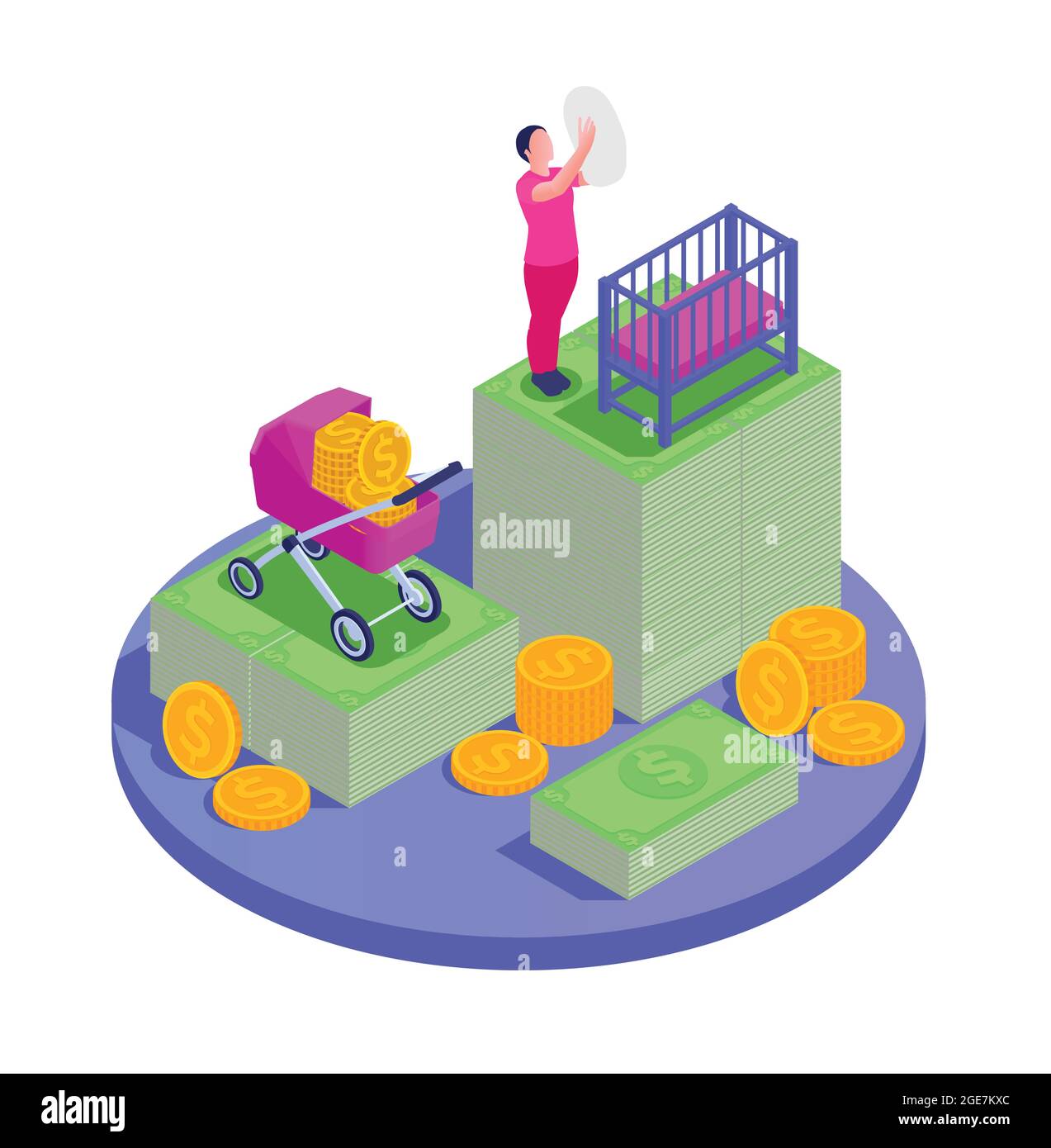 Previdenza sociale disoccupazione assegni familiari composizione isometrica con piattaforma circolare madre con bambino e denaro icone illustrazione vettoriale Illustrazione Vettoriale