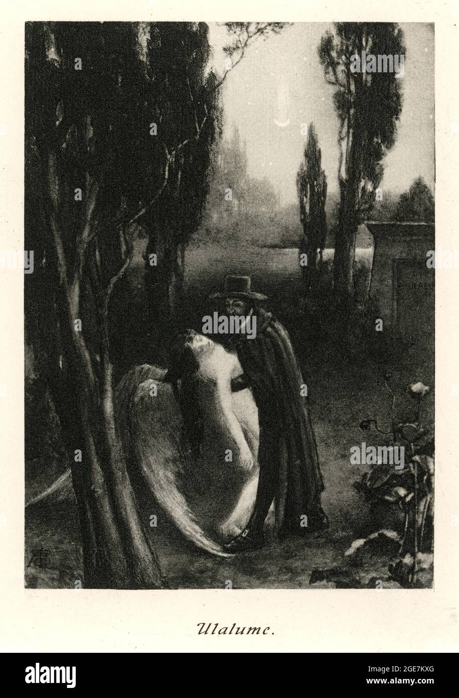 Illustrazione d'epoca di Ulalume una poesia di Edgar Allan PoE, XIX secolo. Figura scura che tiene un angelo Foto Stock
