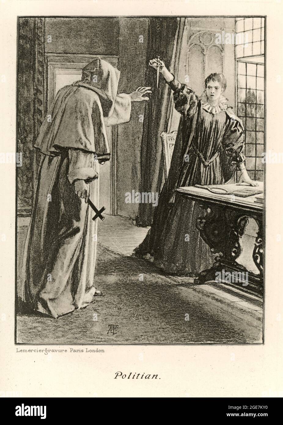 Illustrazione d'epoca di Poliziano di Edgar Allan PoE, 19 ° secolo. Monaco che affronta una donna che tiene un pugnale Foto Stock