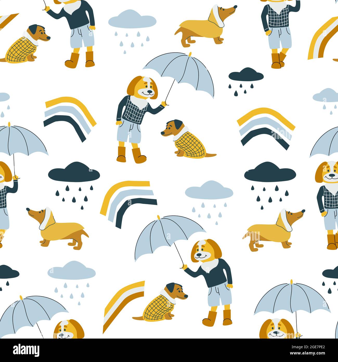 Modello vettoriale senza giunture con cani, ombrello, gocce di pioggia e arcobaleni. Tempo autunnale. Cane tenere ombrello, cane stoffa vettore illustrazione Illustrazione Vettoriale