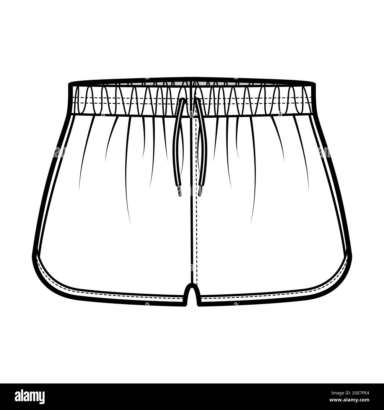 Pantaloncini sportivi Activewear illustrazione tecnica della moda con elastico vita bassa, Rise, cordoncini, tasche, Flowy Split Hem. Mascherina di abbigliamento a fondo piatto, colore bianco. Donne CAD mockup Illustrazione Vettoriale
