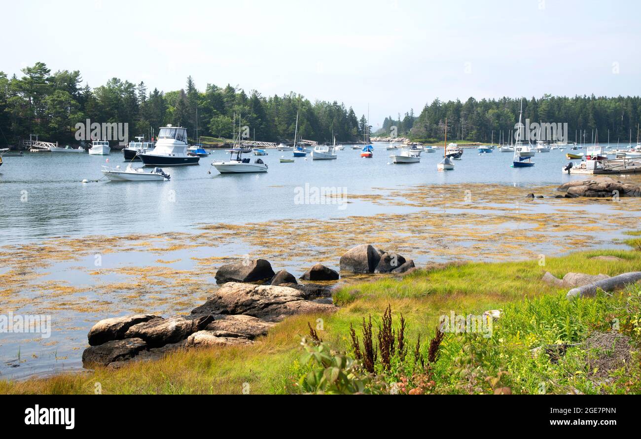 Cozy Harbour a West Southport, Maine, USA in una giornata estiva Foto Stock