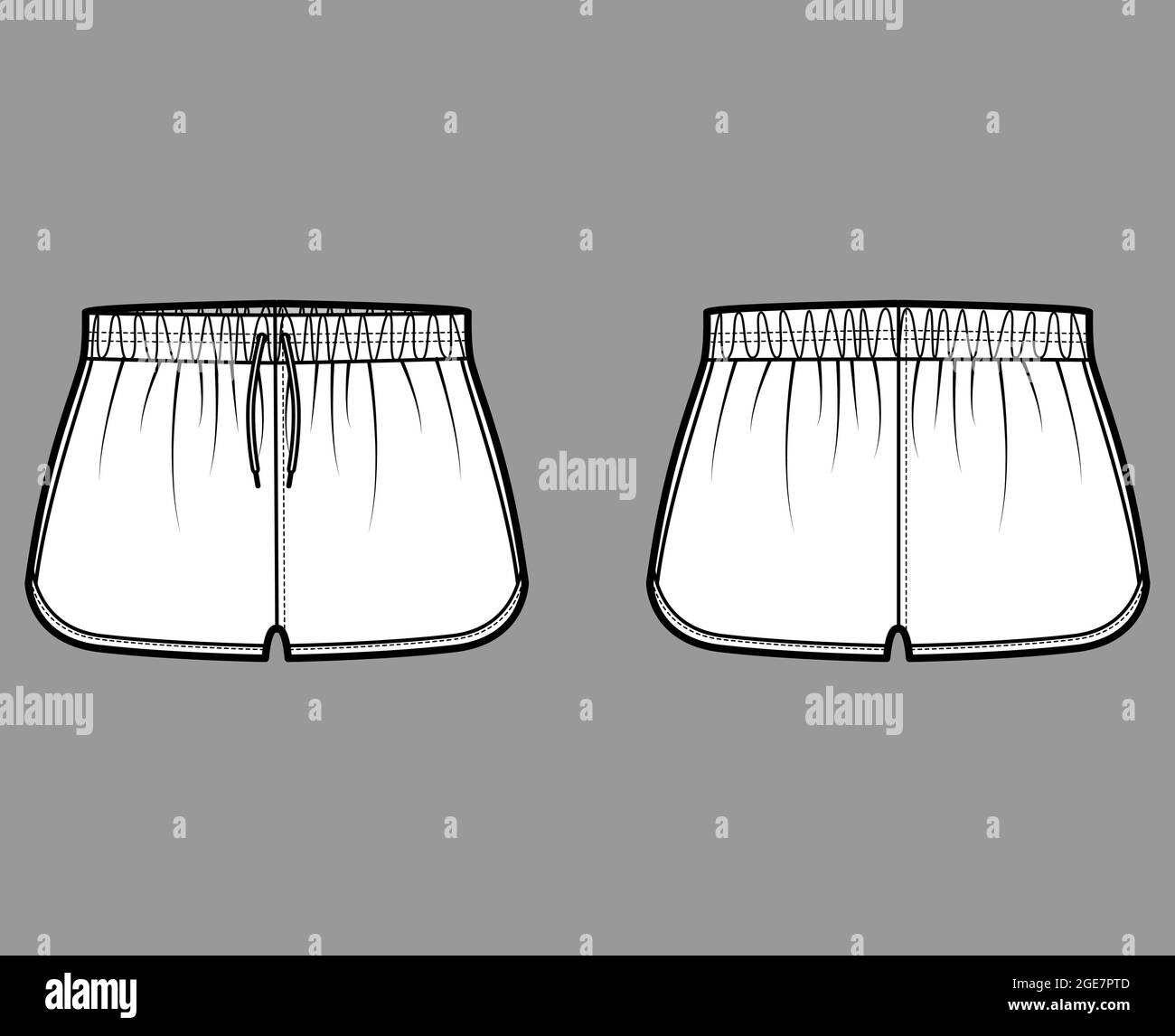 Pantaloncini sportivi Activewear illustrazione tecnica della moda con elastico vita bassa, Rise, cordoncini, tasche, Hem. Mascherina di abbigliamento a fondo piatto, anteriore, posteriore, colore bianco. Donne uomini CAD mockup Illustrazione Vettoriale