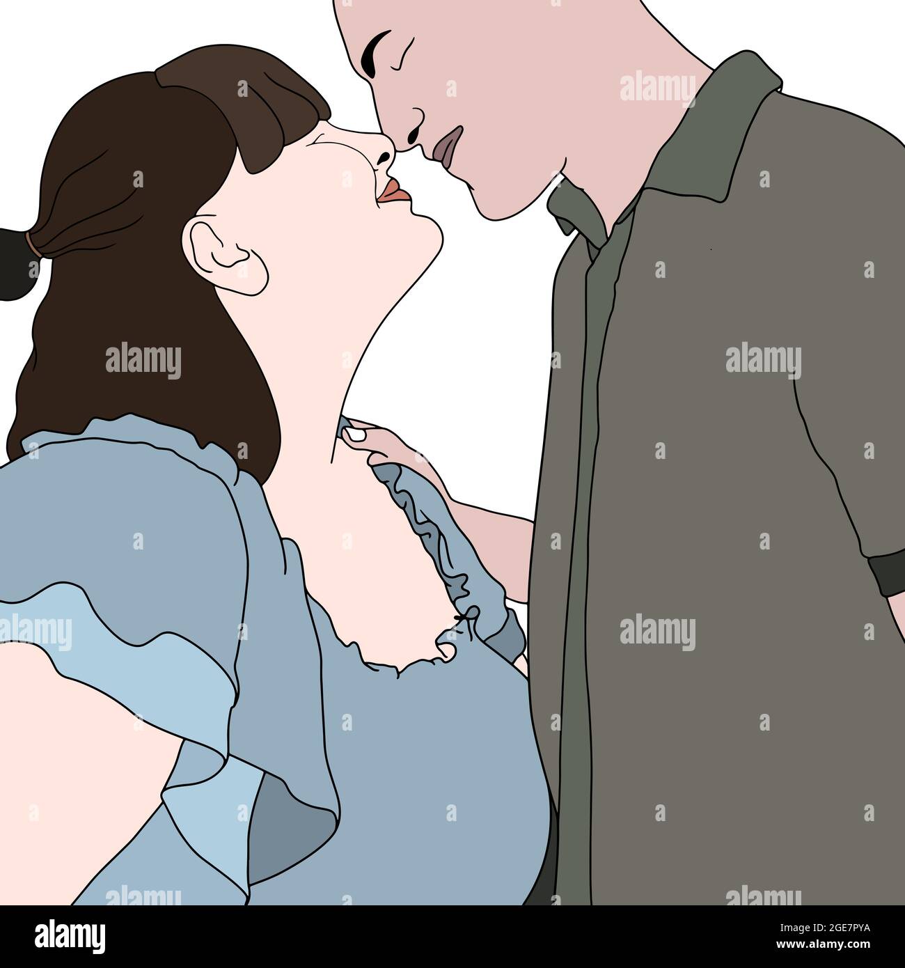 Illustrazione di un personaggio disegnato a mano di una bella coppia romantica molto vicini l'uno all'altro. Foto Stock