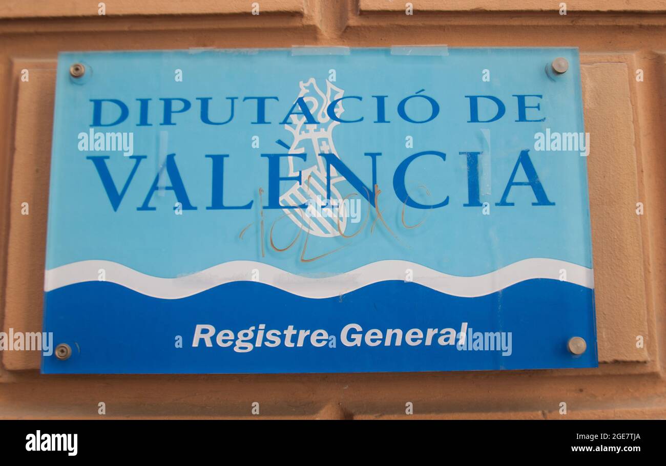 Segno per il Governo Provinciale di Valencia, edificio governativo, Valencia, Spagna, Europa Foto Stock