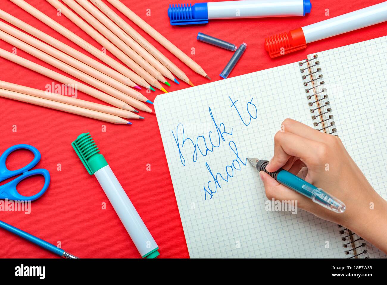 Torna a scuola. Il bambino scrive in un taccuino con una penna stilografica  il concetto dell'inizio dell'anno scolastico. Banner per il sito su un  rosso Foto stock - Alamy