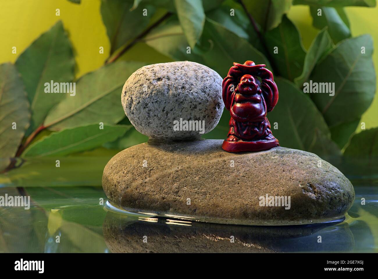 Closeup selettivo di una figura Budhha su una pietra in un'acqua Foto Stock