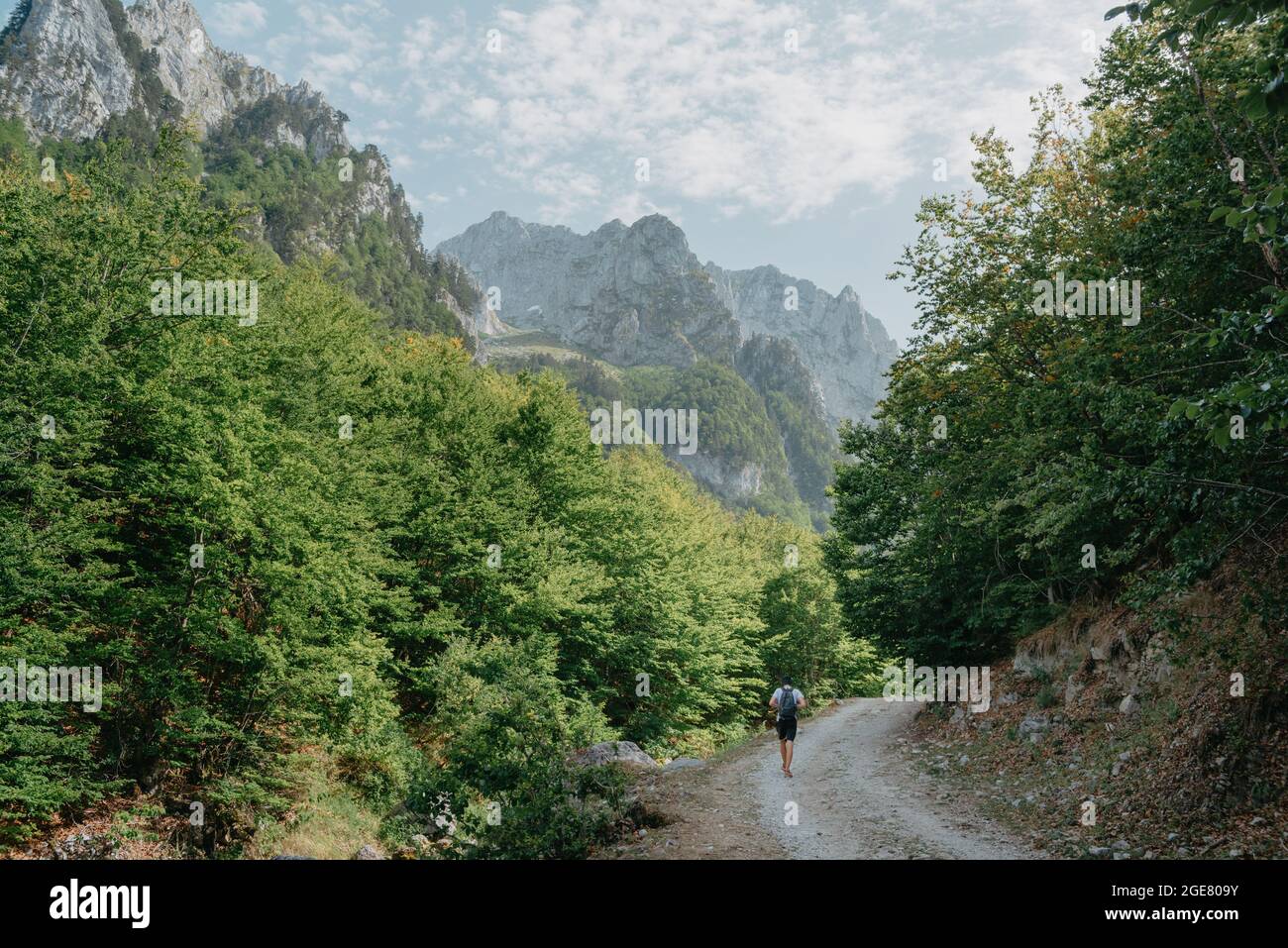 Una vista sulle montagne maledetti nella valle di Grebaje. Prokletije, conosciuta anche come le Alpi albanesi e le montagne maledetti, è una catena montuosa su Foto Stock