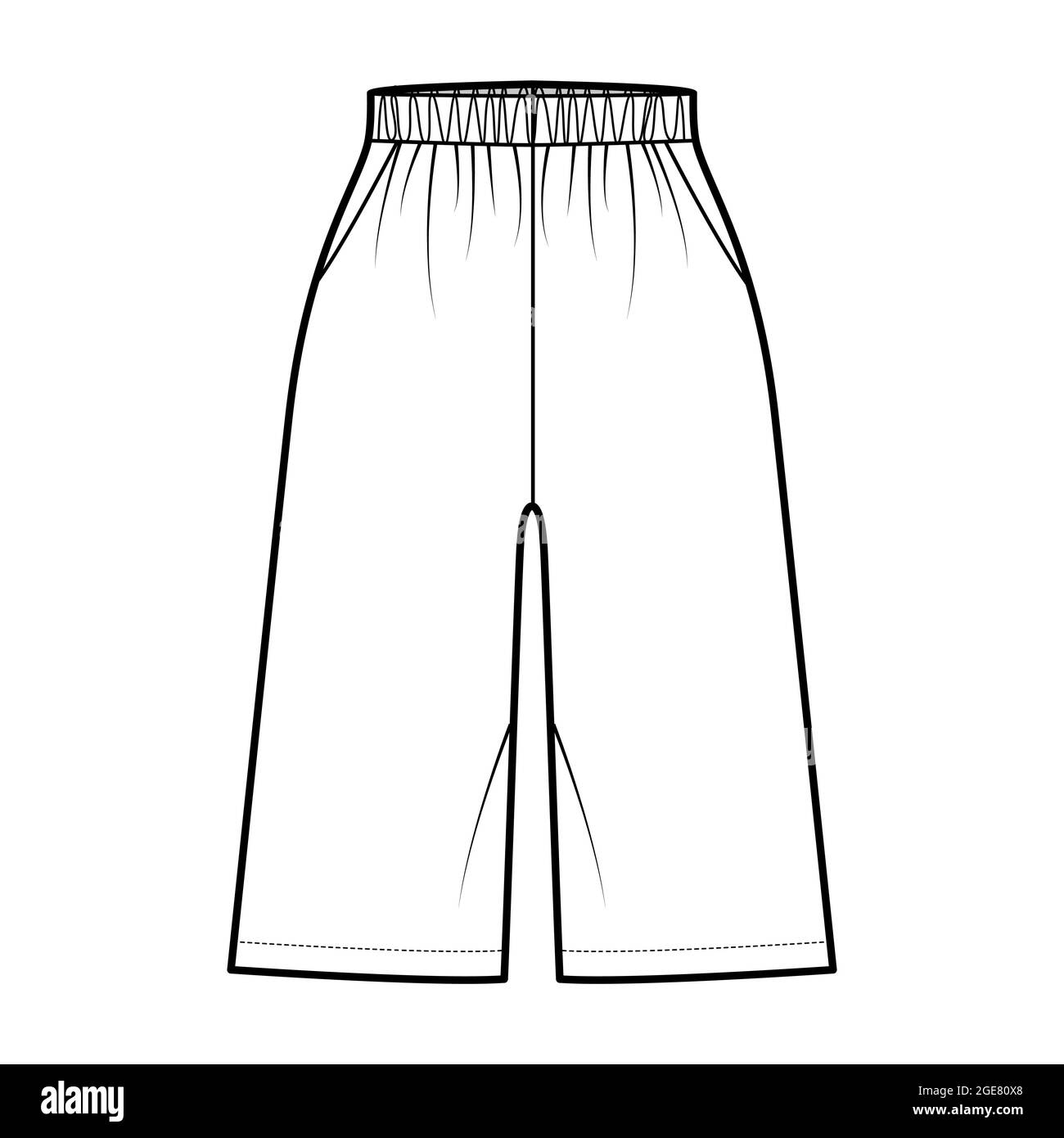 Bermuda Pocket breve illustrazione tecnica di moda con elastico normale vita  bassa, alto, calzata rilassata, lunghezza del ginocchio. Mascherina di  abbigliamento a fondo piatto, colore bianco. Donne uomini Unisex CAD mockup  Immagine