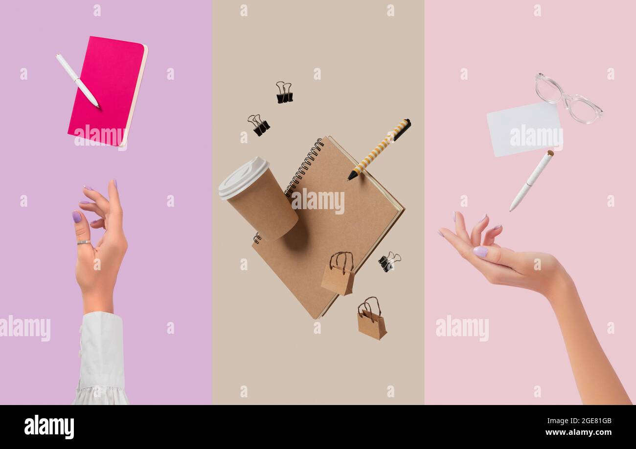 Collage con cancelleria forniture per ufficio levitazione. Concetto di ritorno a scuola Foto Stock