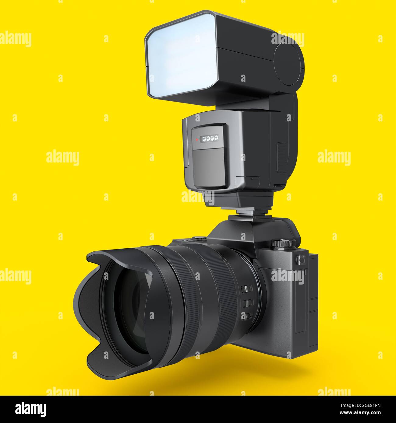 Concetto di fotocamera reflex digitale inesistente con obiettivo e flash esterno speedlight isolato su sfondo giallo. Rendering 3D e illustrazione di professional Foto Stock